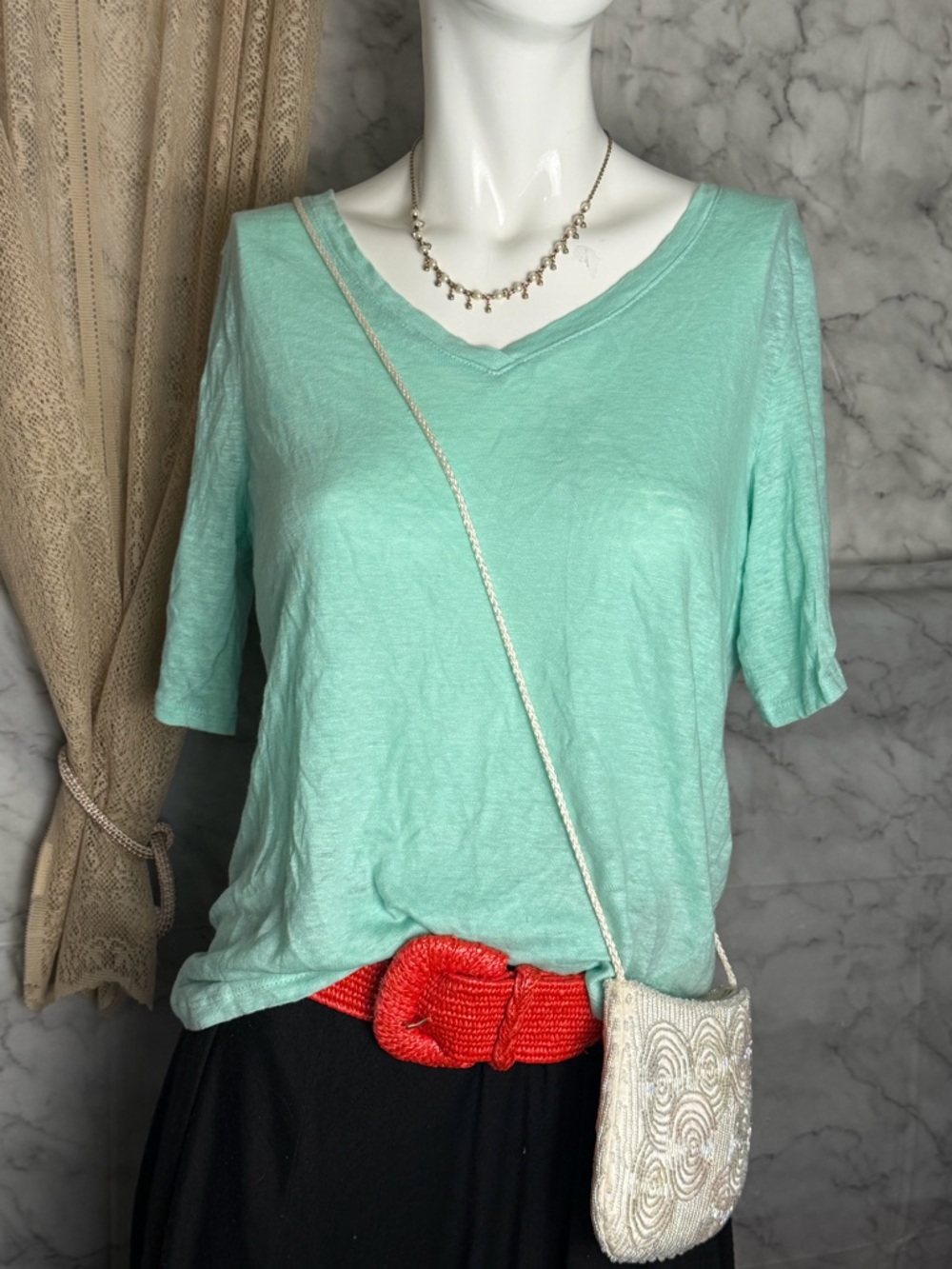 100% Linen Mint Spring V-Neck Tee Top Slub Lightweight S Nicole Miller New York